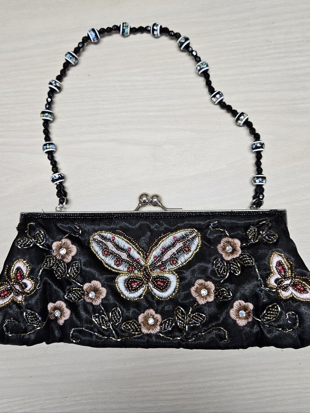 Elegant Black Embroidered Butterfly Beaded-Handle Clutch